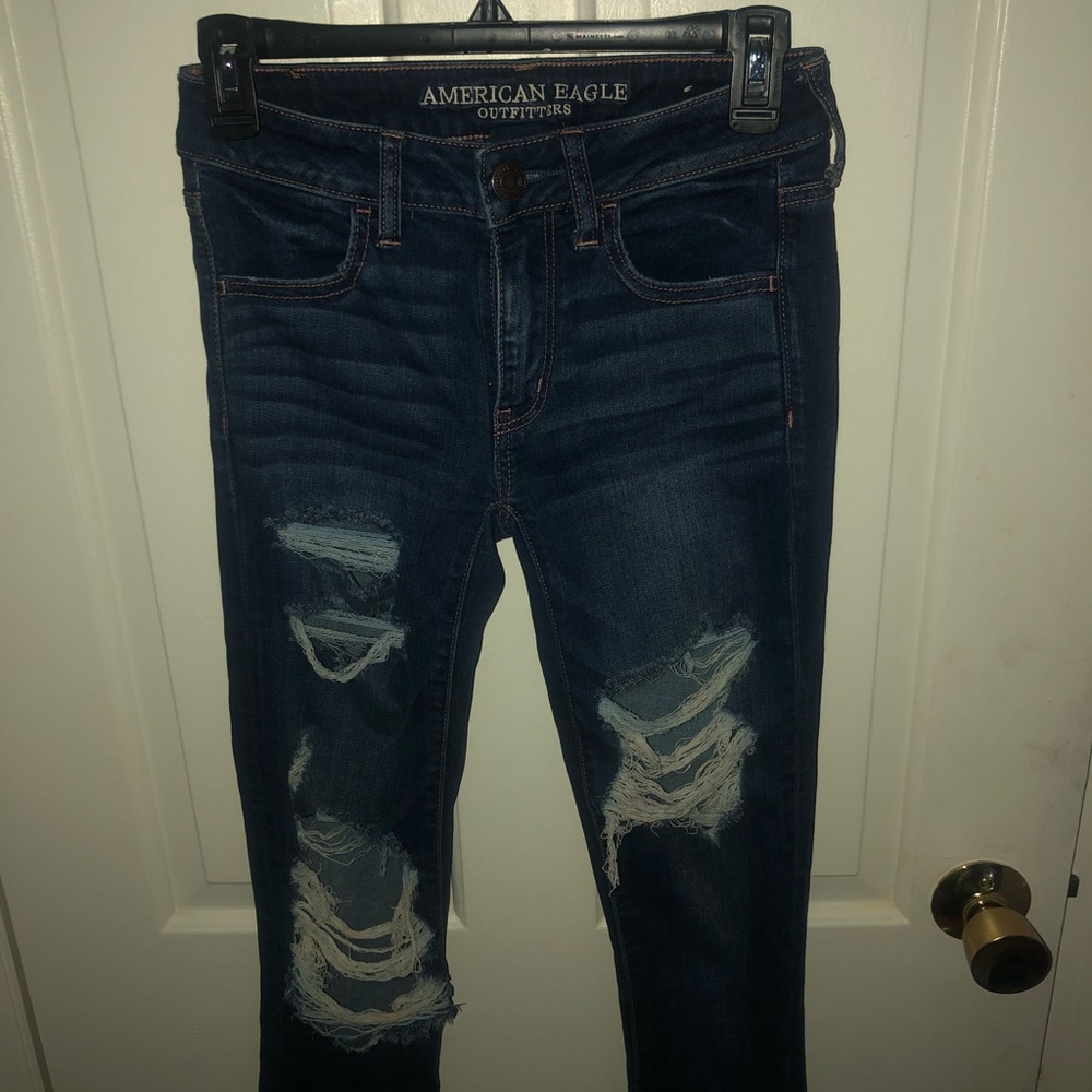 AE Mid-Rise Ripped Darkwash Jeans- X-Long